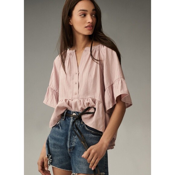 Women’s Anthropologie Short-Sleeve Peplum Swing Top Blouse XS Extra Small Lilac - Picture 1 of 7